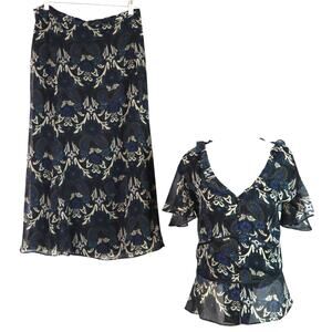 Danny & Nicole Black Blue Paisley Midi Skirt Set Ruffles Flutter Sleeve Plus 18